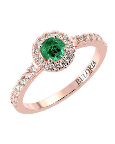 Bague Solitaire en Or rose émeraude ronde et Halo Accompagné Diamant