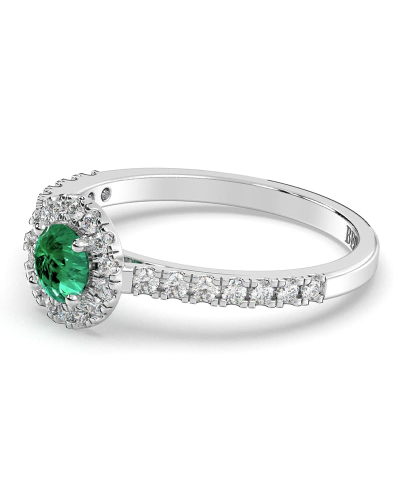 Bague Solitaire en Or blanc émeraude ronde et Halo Accompagné Diamant