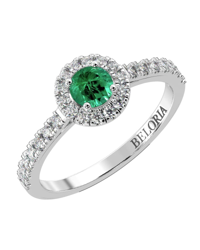 Bague Solitaire en Or blanc émeraude ronde et Halo Accompagné Diamant