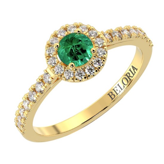 Bague Solitaire en Or jaune émeraude ronde et Halo Accompagné Diamant