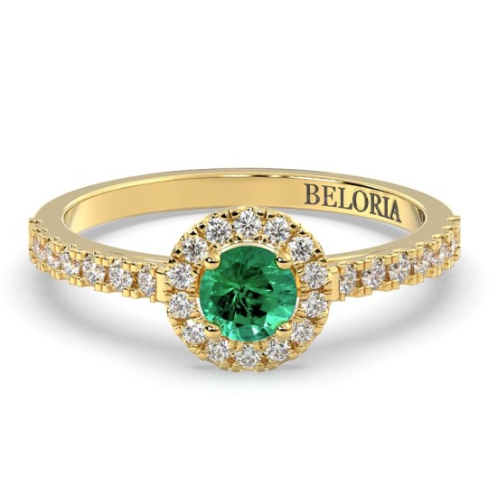 Bague Solitaire en Or jaune émeraude ronde et Halo Accompagné Diamant