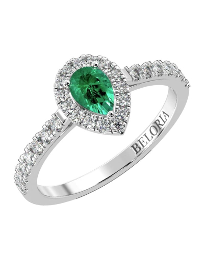 bague Solitaire en Or blanc émeraude  poire et son halo  Accompagné Diamants