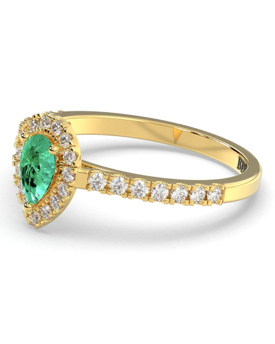 bague Solitaire en Or jaune émeraude  poire et son halo  Accompagné Diamants