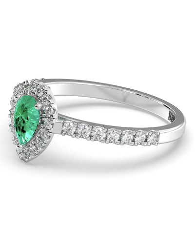 bague Solitaire en Or blanc émeraude  poire et son halo  Accompagné Diamants