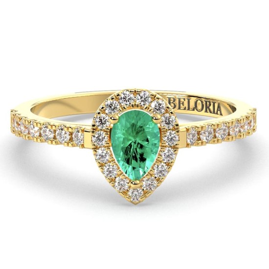 bague Solitaire en Or jaune émeraude  poire et son halo  Accompagné Diamants