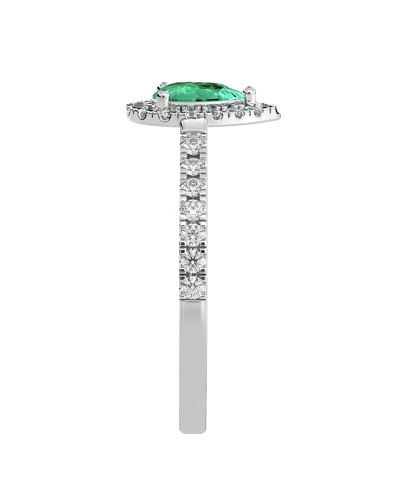 bague Solitaire en Or blanc émeraude  poire et son halo  Accompagné Diamants