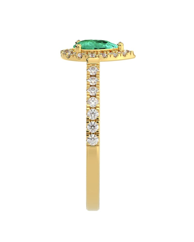 bague Solitaire en Or jaune émeraude  poire et son halo  Accompagné Diamants