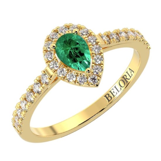 bague Solitaire en Or jaune émeraude  poire et son halo  Accompagné Diamants