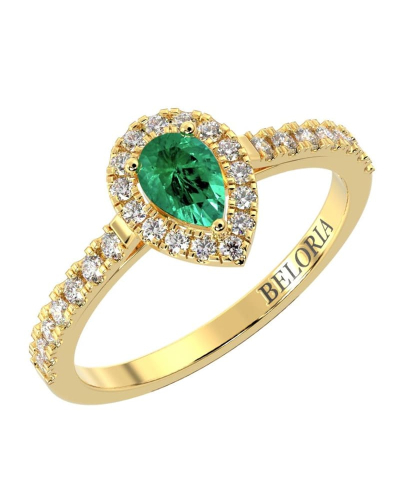 bague Solitaire en Or jaune émeraude  poire et son halo  Accompagné Diamants