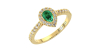 bague Solitaire en Or jaune émeraude  poire et son halo  Accompagné Diamants