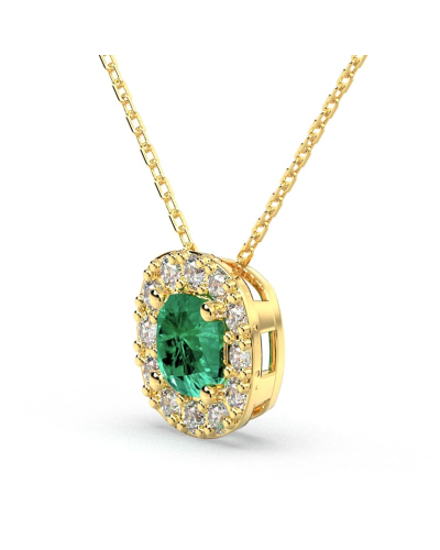 Collier en or jaune 18 carats, émeraude  coussin et son halo de diamants