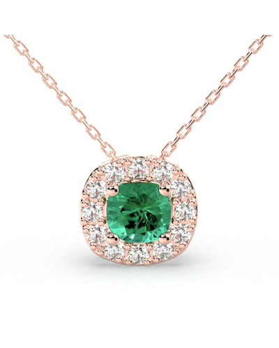 Collier en or rose 18 carats, émeraude  coussin et son halo de diamants