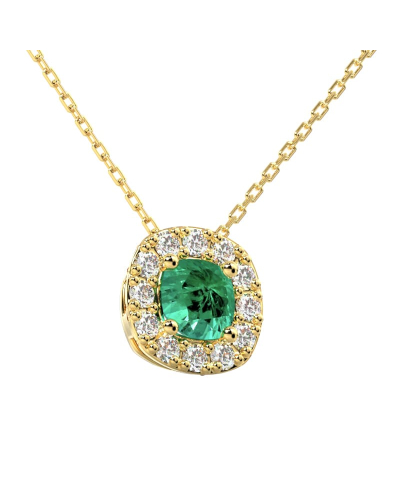 Collier en or jaune 18 carats, émeraude  coussin et son halo de diamants