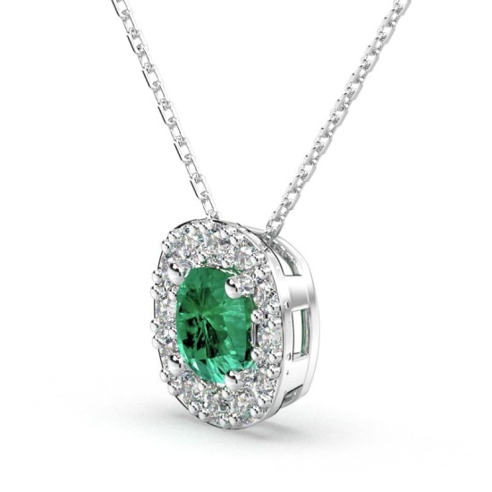 Collier en or blanc 18 carats, émeraude  coussin et son halo de diamants