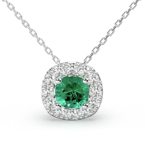 Collier en or blanc 18 carats, émeraude  coussin et son halo de diamants