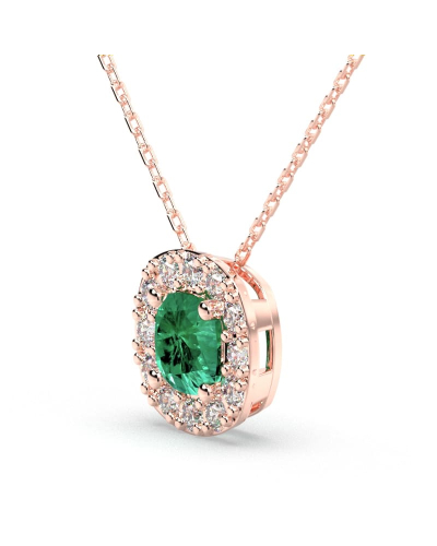 Collier en or rose 18 carats, émeraude  coussin et son halo de diamants