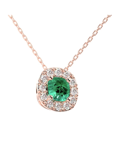 Collier en or rose 18 carats, émeraude  coussin et son halo de diamants