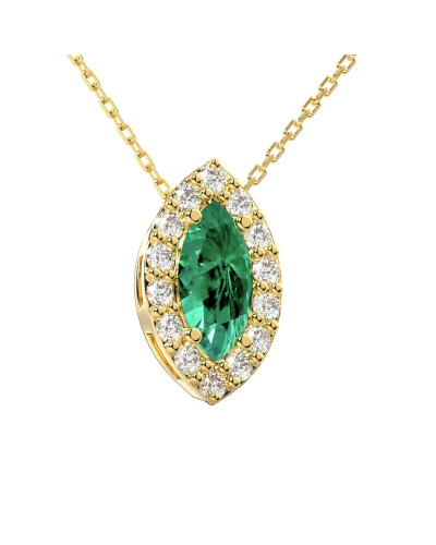 Collier émeraude marquise halo diamant en or jaune 18 K