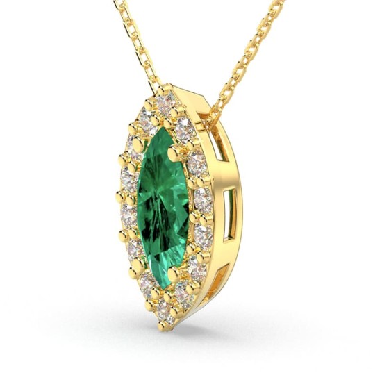 Collier émeraude marquise halo diamant en or jaune 18 K