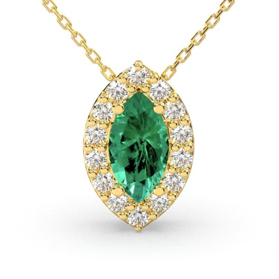 Collier émeraude marquise halo diamant en or jaune 18 K