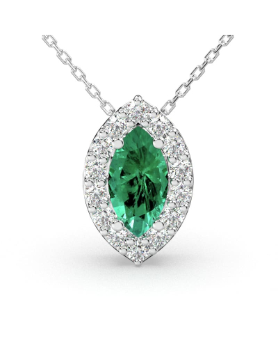 Collier émeraude marquise halo diamant en or blanc 18 K