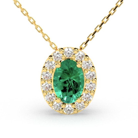 Collier en or jaune 18K émeraude oval et son halo diamant