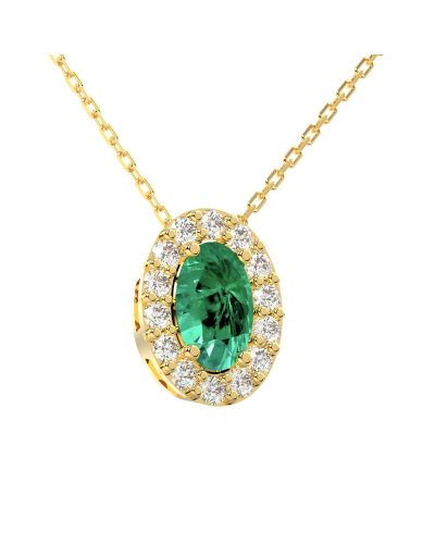 Collier en or jaune 18K émeraude oval et son halo diamant