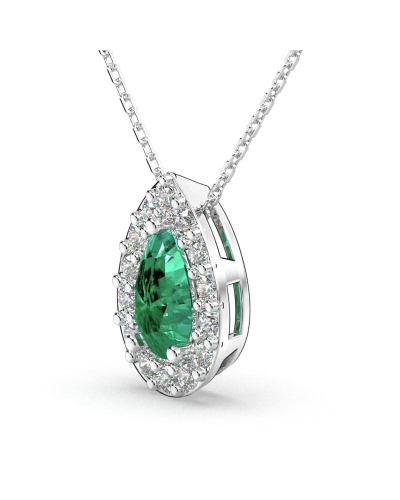 Collier émeraude poire halo diamant en or blanc 18K