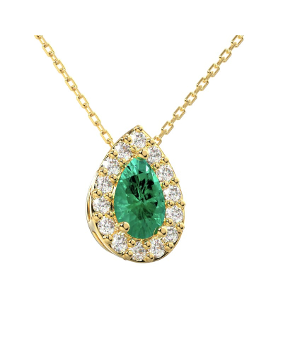 Collier émeraude poire halo diamant en or jaune 18K