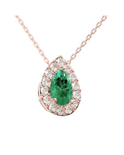 Collier émeraude poire halo diamant en or rose 18K