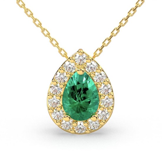 Collier émeraude poire halo diamant en or jaune 18K