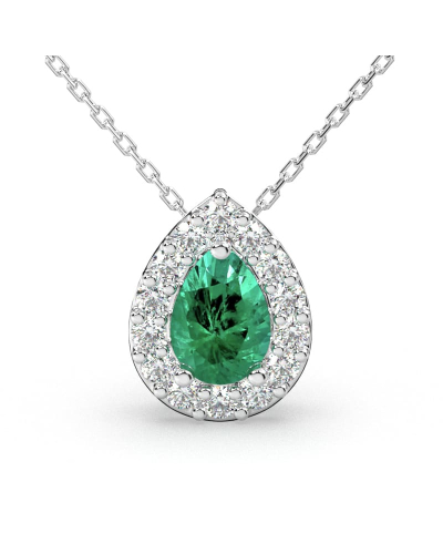 Collier émeraude poire halo diamant en or blanc 18K