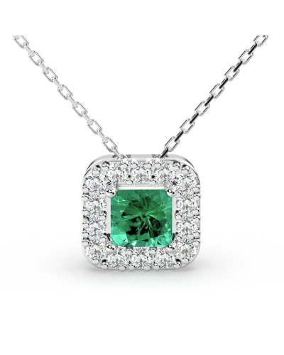 Collier en or blanc 18 carats, princesse émeraude et halo de diamants