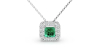 Collier en or blanc 18 carats, princesse émeraude et halo de diamants