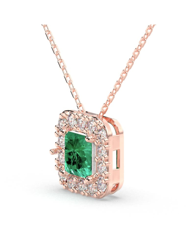Collier en or rose 18 carats, princesse émeraude et halo de diamants