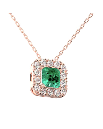 Collier en or rose 18 carats, princesse émeraude et halo de diamants