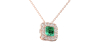 Collier en or rose 18 carats, princesse émeraude et halo de diamants