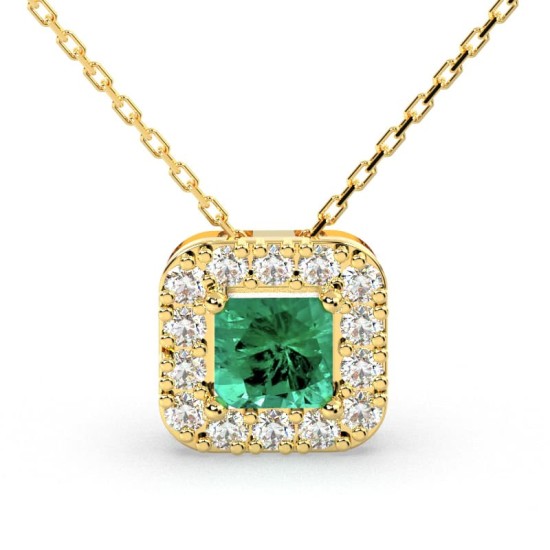 Collier en or jaune 18 carats, princesse émeraude et halo de diamants