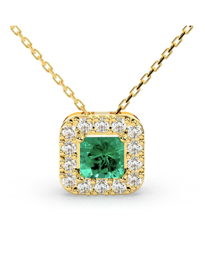 Collier en or jaune 18 carats, princesse émeraude et halo de diamants