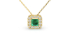 Collier en or jaune 18 carats, princesse émeraude et halo de diamants