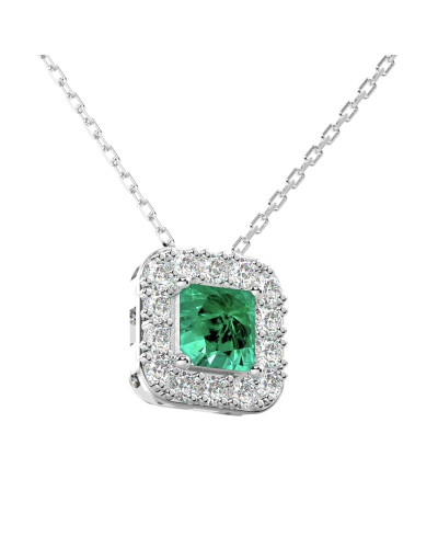 Collier en or blanc 18 carats, princesse émeraude et halo de diamants