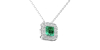 Collier en or blanc 18 carats, princesse émeraude et halo de diamants