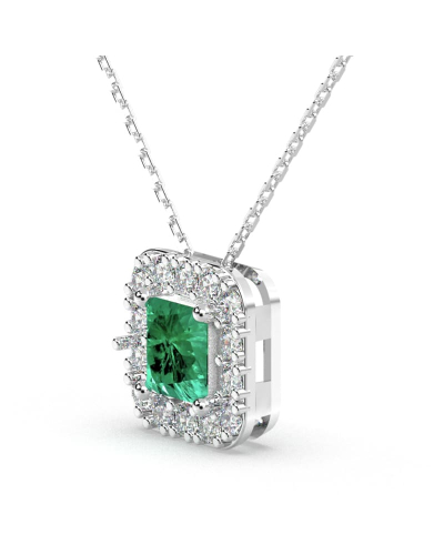 Collier en or blanc 18 carats, princesse émeraude et halo de diamants