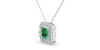 Collier en or blanc 18 carats, princesse émeraude et halo de diamants