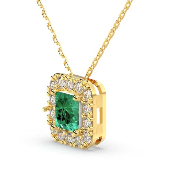 Collier en or jaune 18 carats, princesse émeraude et halo de diamants