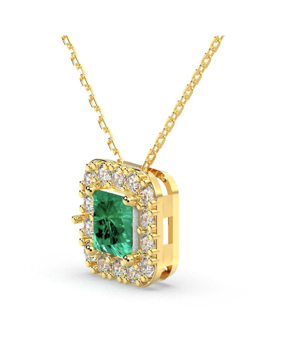 Collier en or jaune 18 carats, princesse émeraude et halo de diamants