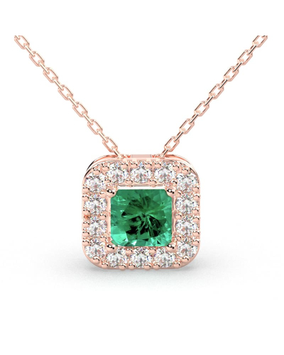 Collier en or rose 18 carats, princesse émeraude et halo de diamants
