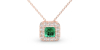 Collier en or rose 18 carats, princesse émeraude et halo de diamants