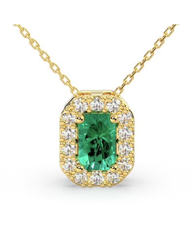 Collier or jaune 18K pendentif émeraude avec un halo de diamants