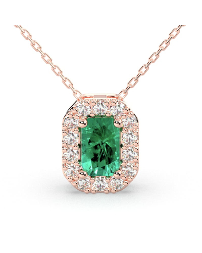 Collier or blanc 18K pendentif émeraude avec un halo de diamants
